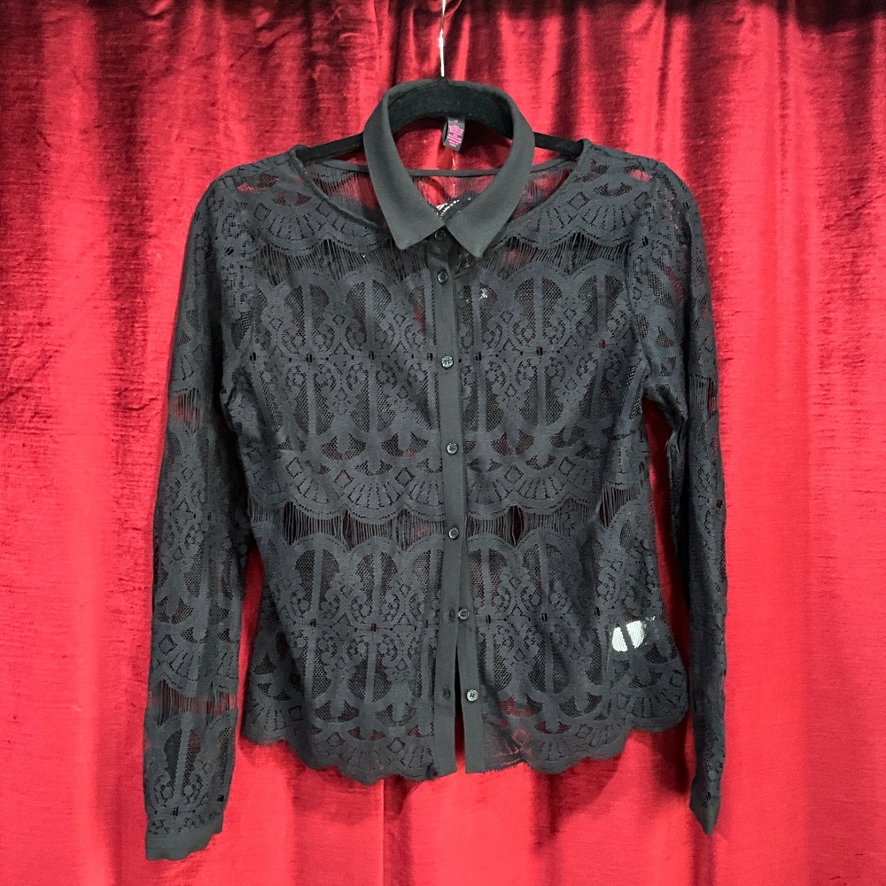 Material Girl Mesh Button -up collared shirt Black NWT
